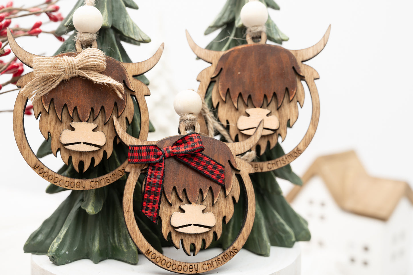 Highland Cow Ornament - Mooooey Christmas Cow Ornament - Wooden Farmhouse Ornament