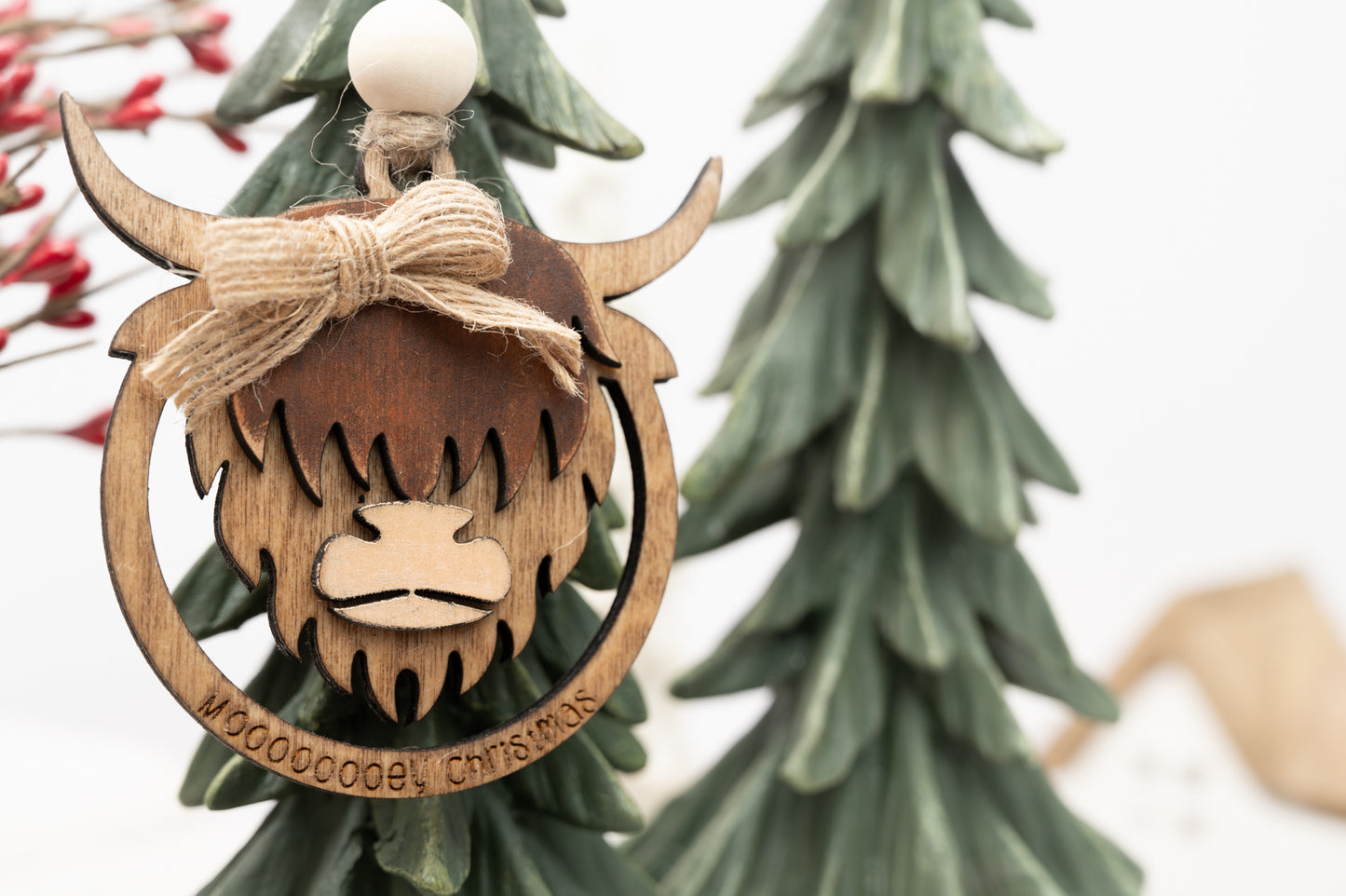 Highland Cow Ornament - Mooooey Christmas Cow Ornament - Wooden Farmhouse Ornament