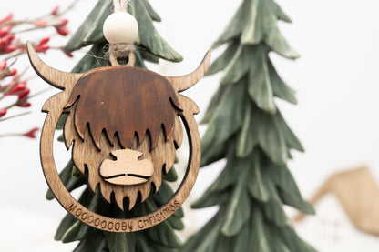 Highland Cow Ornament - Mooooey Christmas Cow Ornament - Wooden Farmhouse Ornament