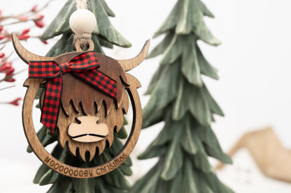 Highland Cow Ornament - Mooooey Christmas Cow Ornament - Wooden Farmhouse Ornament