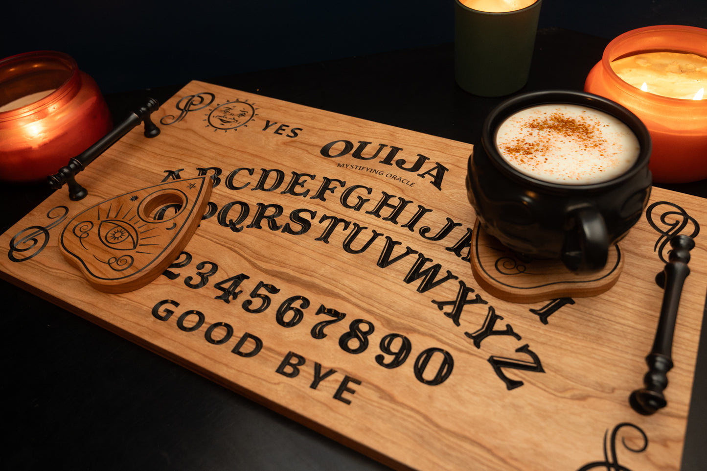 Ouija Board Serving Tray with 4 Planchette Coasters - Cherry