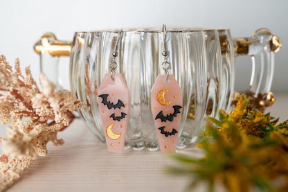 Halloween Earrings - Cute Bat Earrings - Coffin Shaped Earrings - Bat Moon Earrings