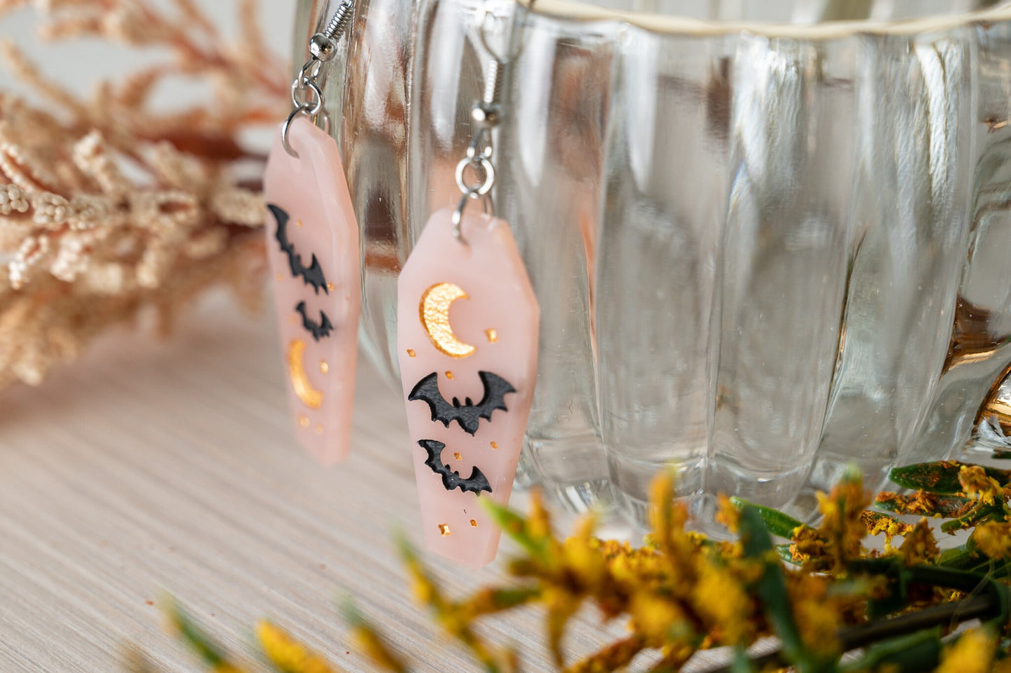 Halloween Earrings - Cute Bat Earrings - Coffin Shaped Earrings - Bat Moon Earrings