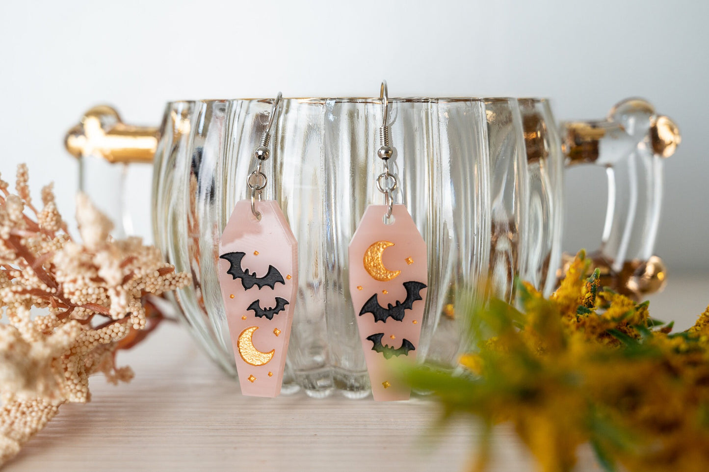 Halloween Earrings - Cute Bat Earrings - Coffin Shaped Earrings - Bat Moon Earrings