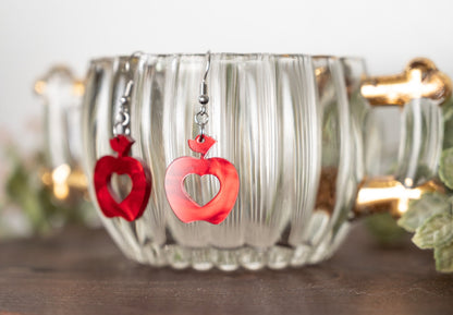 Valentine's Day Earrings - Red Apple with Heart Earrings - Sweetheart Dangle Earrings - Teacher Earrings for Valentine's Day