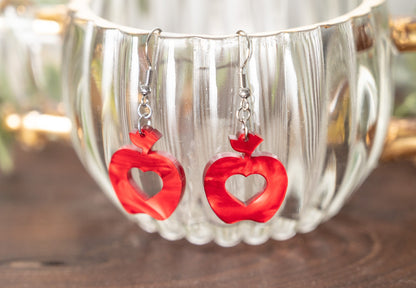 Valentine's Day Earrings - Red Apple with Heart Earrings - Sweetheart Dangle Earrings - Teacher Earrings for Valentine's Day