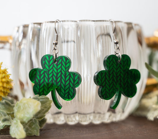 Clover Earrings - Knitted Pattern Shamrock Earrings - St. Patrick's Day Earrings