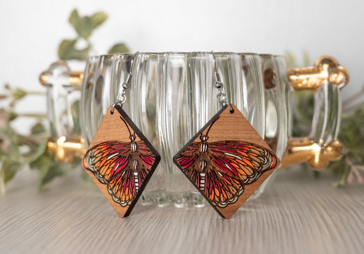 Wood Butterfly Earrings - Monarch Butterfly Earrings - Hand Painted Butterfly Earrings