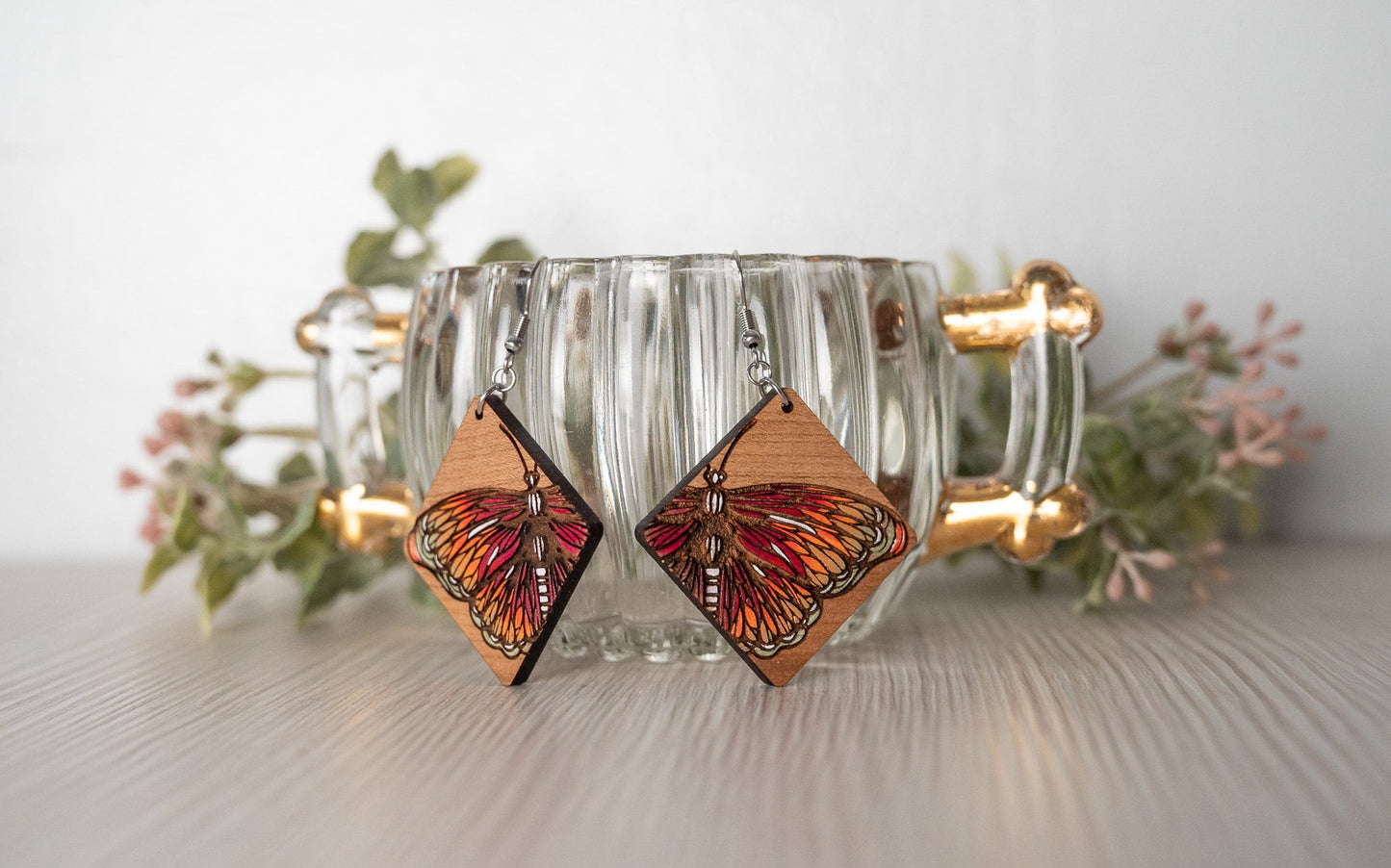 Wood Butterfly Earrings - Monarch Butterfly Earrings - Hand Painted Butterfly Earrings