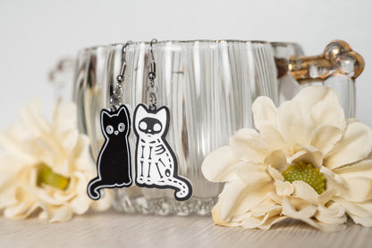 Halloween Earrings Cat Skeleton - Black Cat Skeleton Earrings - Spooky Cat Earrings