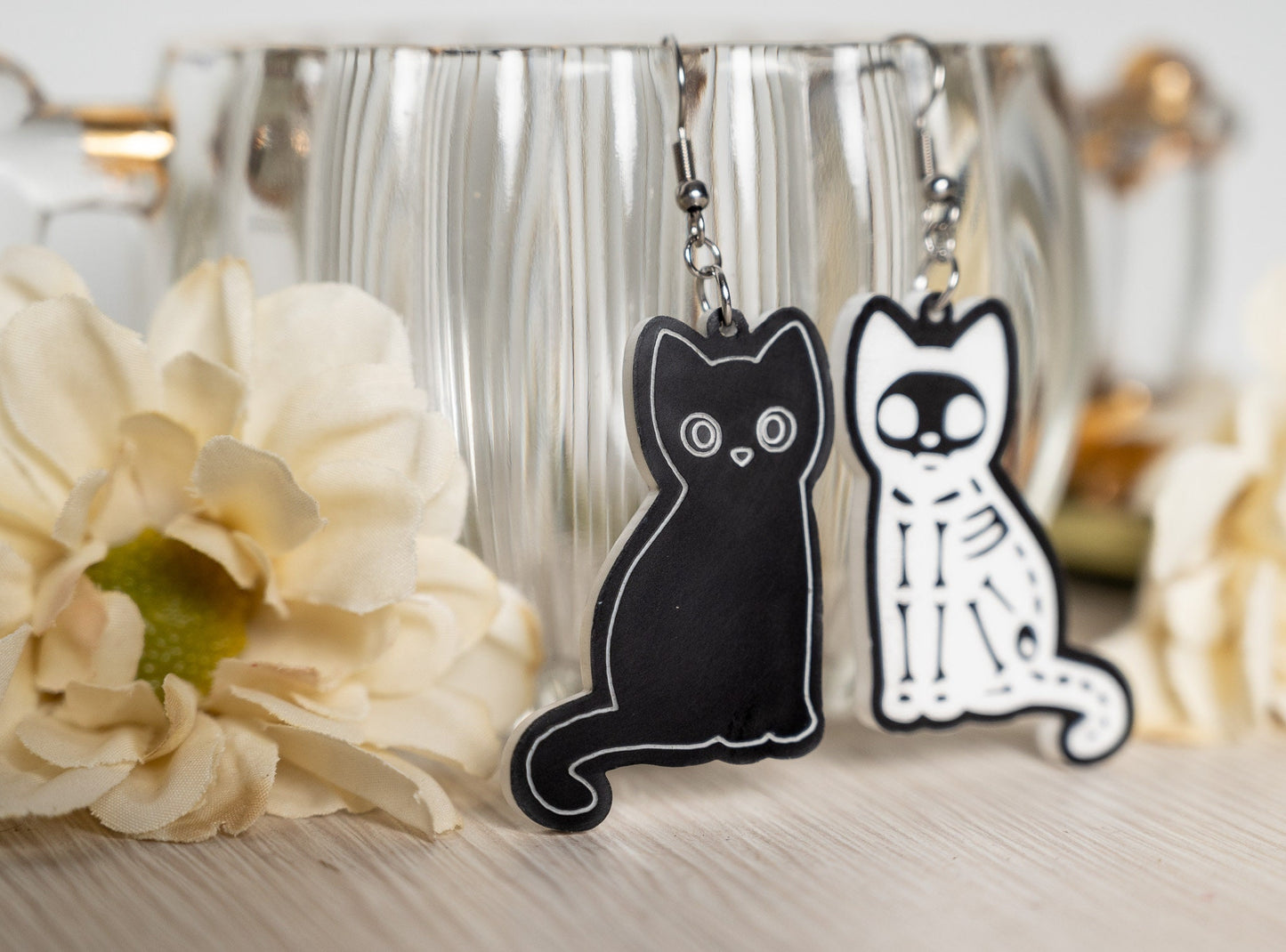 Halloween Earrings Cat Skeleton - Black Cat Skeleton Earrings - Spooky Cat Earrings