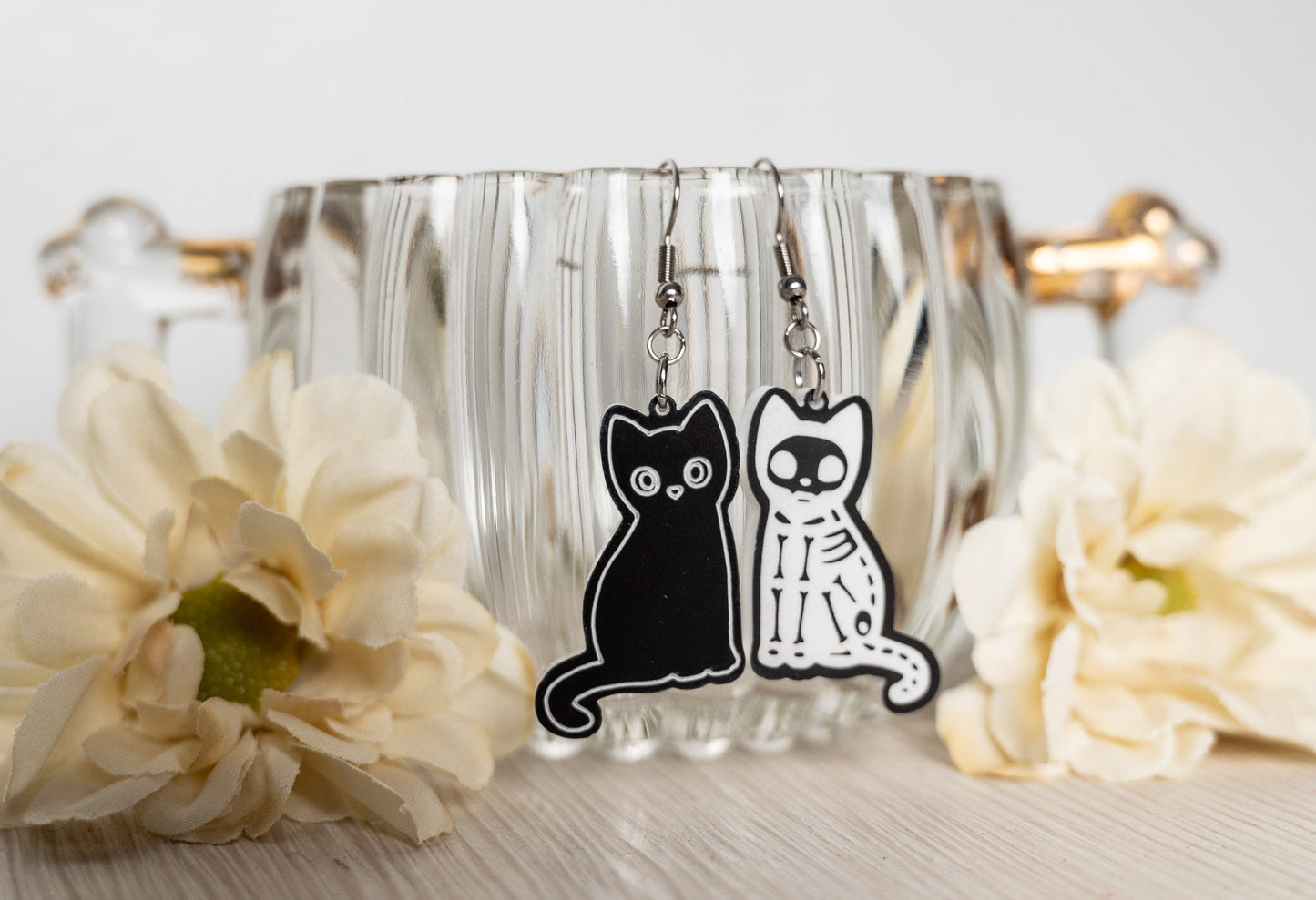 Halloween Earrings Cat Skeleton - Black Cat Skeleton Earrings - Spooky Cat Earrings