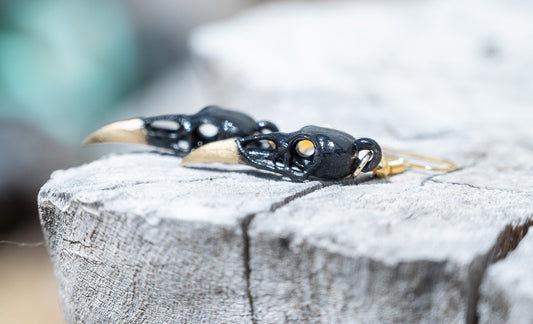 Raven Skull Earrings - Black and Gold Gothic Earrings - Skull Dangle Earrings