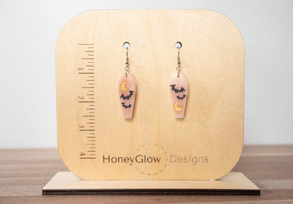 Halloween Earrings - Cute Bat Earrings - Coffin Shaped Earrings - Bat Moon Earrings