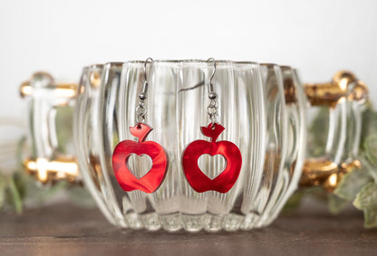 Valentine's Day Earrings - Red Apple with Heart Earrings - Sweetheart Dangle Earrings - Teacher Earrings for Valentine's Day