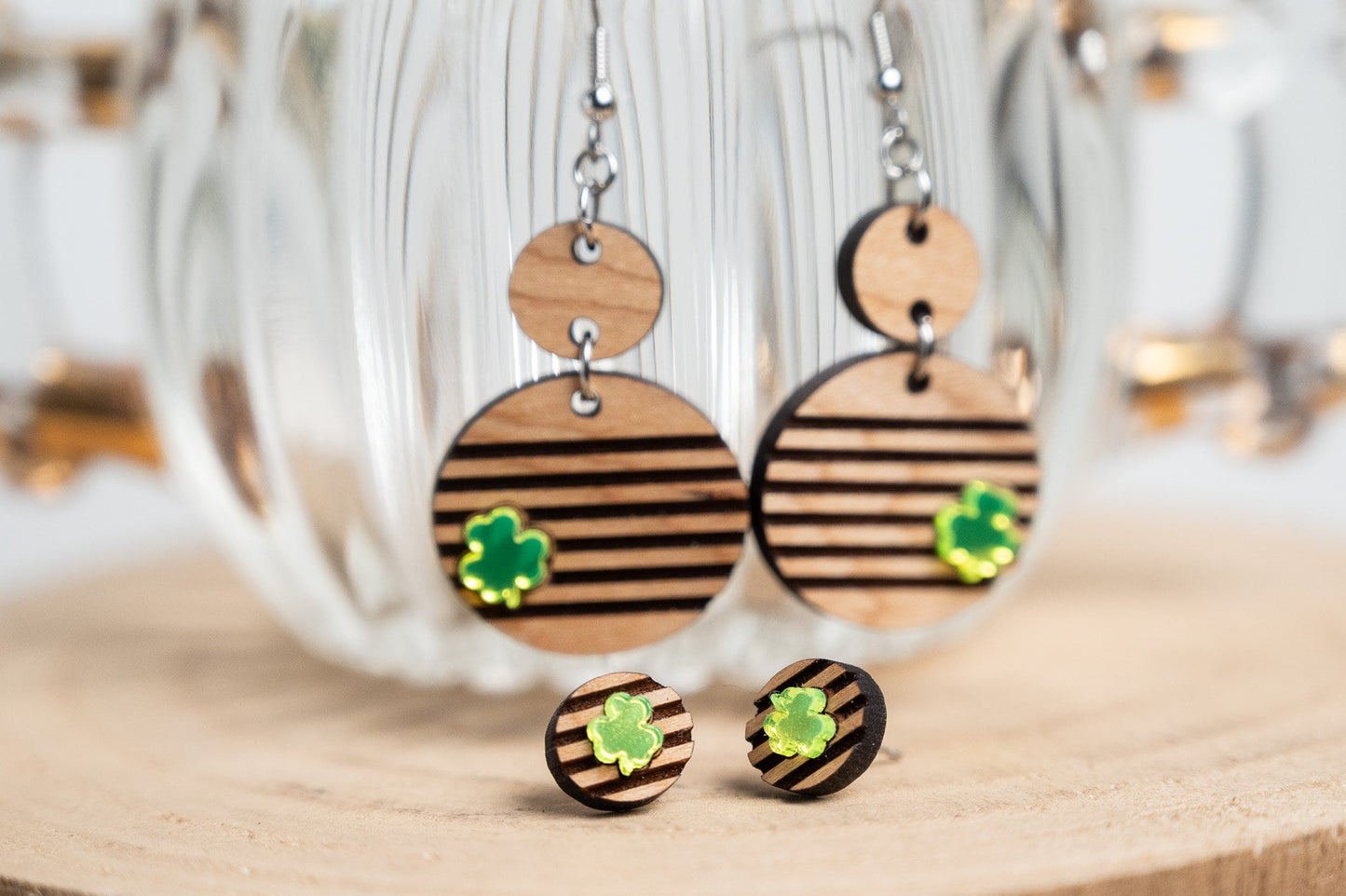 St. Patrick's Day Earrings- Striped Clover Earrings- Clover Studs