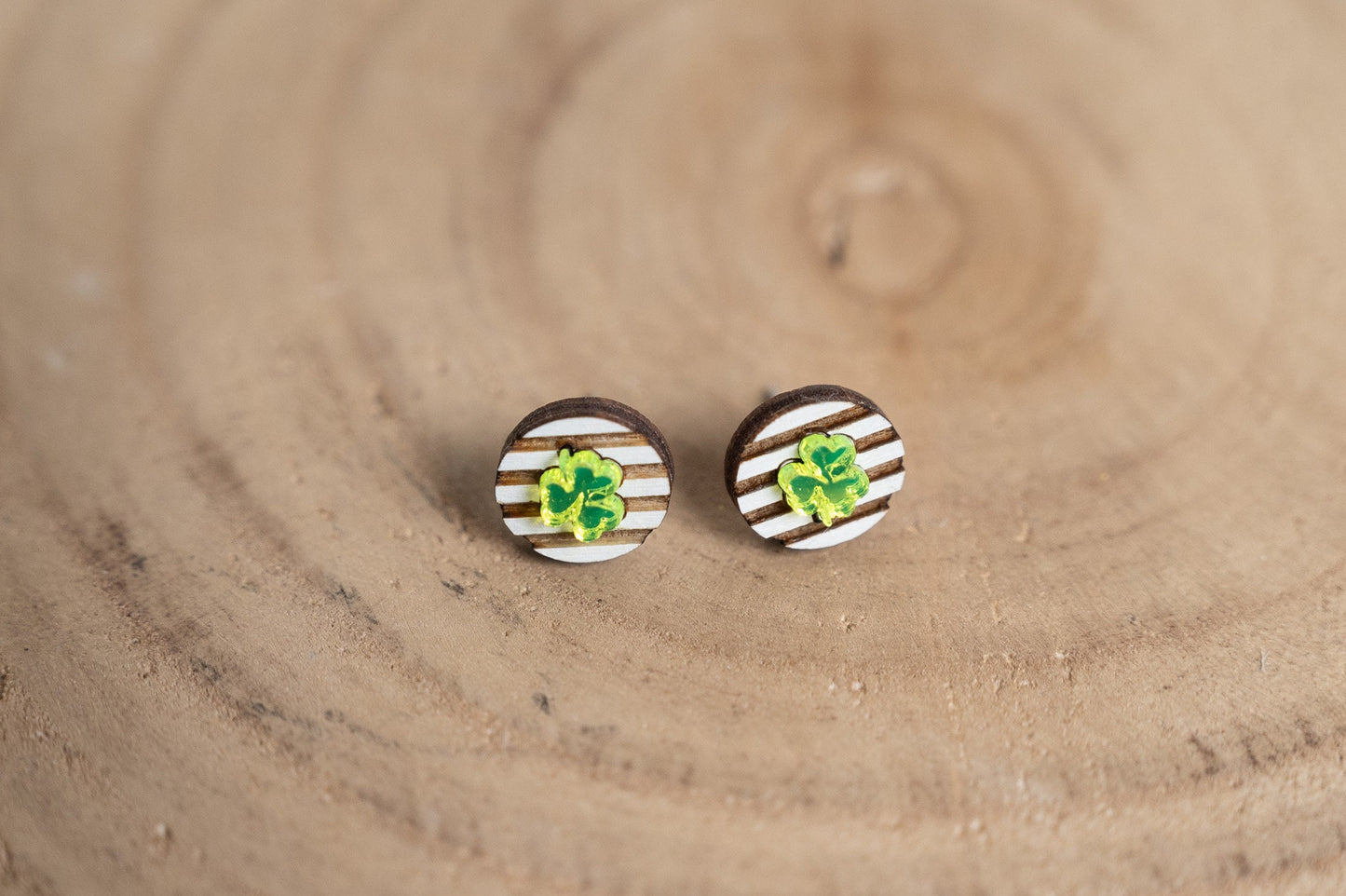 St. Patrick's Day Earrings- Striped Clover Earrings- Clover Studs