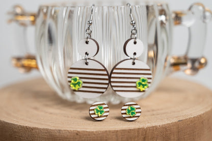 St. Patrick's Day Earrings- Striped Clover Earrings- Clover Studs