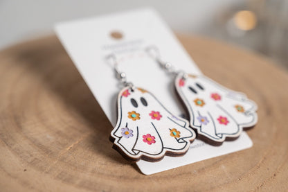 Groovy Floral Ghost Earrings - Halloween floral ghost Earrings