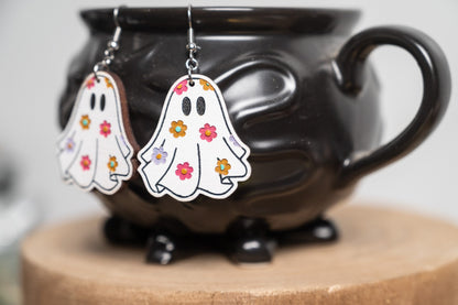 Groovy Floral Ghost Earrings - Halloween floral ghost Earrings