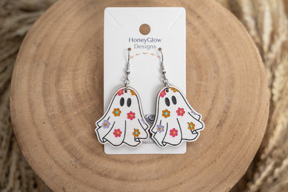 Groovy Floral Ghost Earrings - Halloween floral ghost Earrings