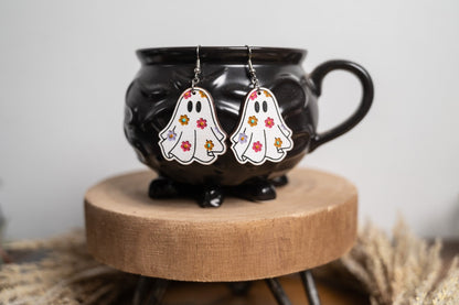 Groovy Floral Ghost Earrings - Halloween floral ghost Earrings