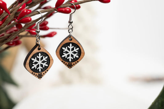 Cute Snowflake Earrings - Wooden Snowflake Earrings - Christmas Dangle Earrings